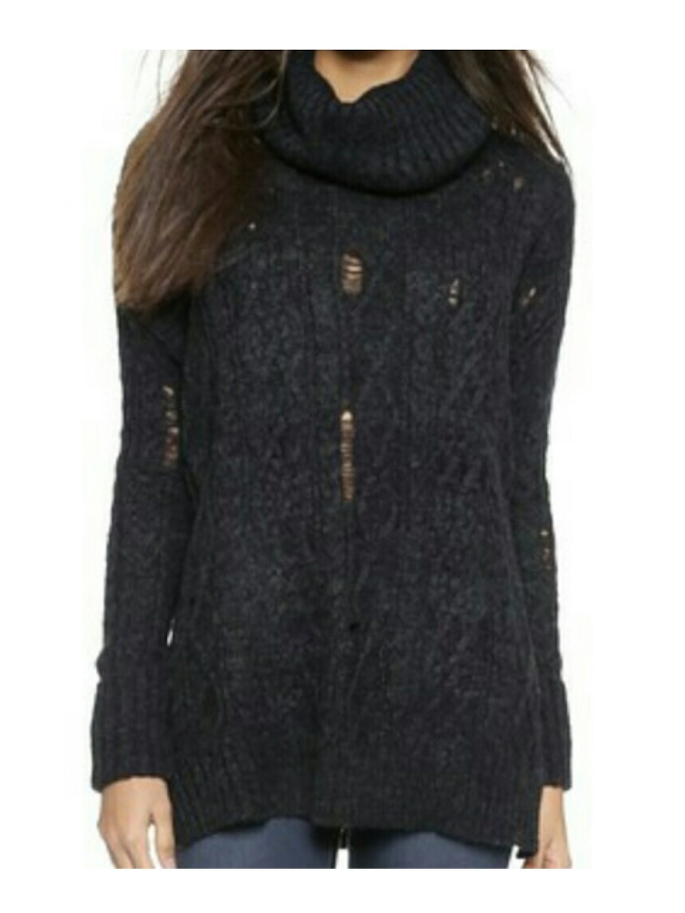 Free People Black Distressed Cable Knit Cowl Neck Sweater